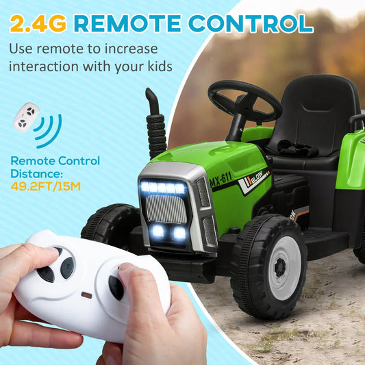 12V Ride on Tractor with Trailer, 25W Dual Motors, Battery Powered Electric Tractor with Remote Control