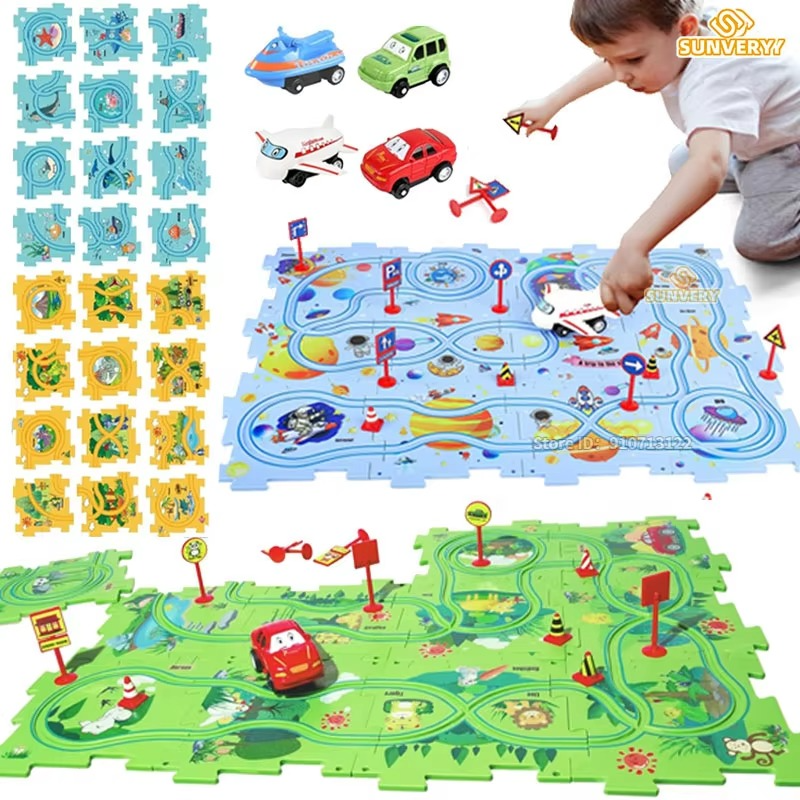 Puzzle Racer Kids Car Track with toys (4 Pack)
