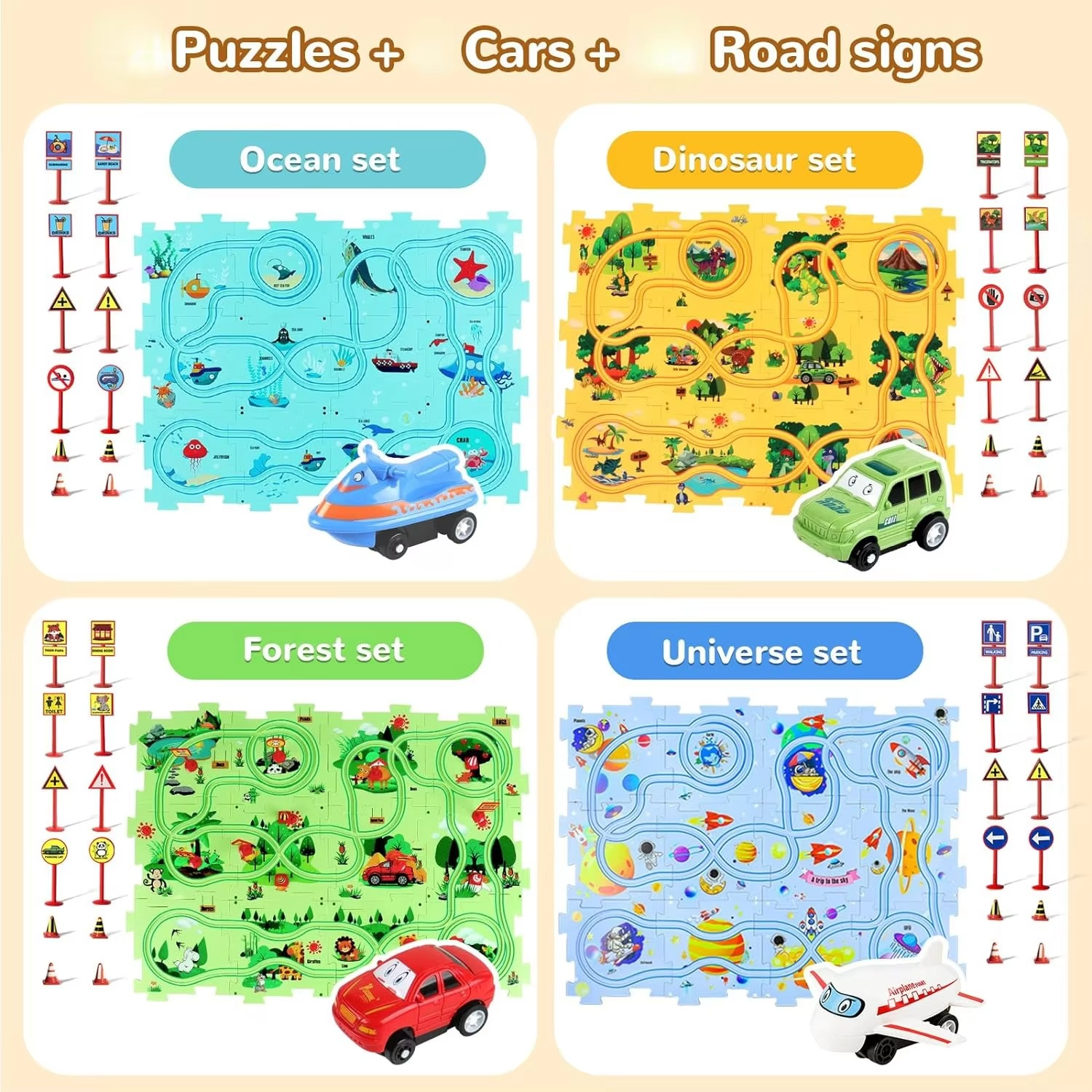 Puzzle Racer Kids Car Track with toys (4 Pack)